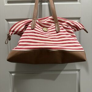Tommy Hilfiger Red White Striped Canvas Tote Bag Brown Trim Zip Top Nautical
